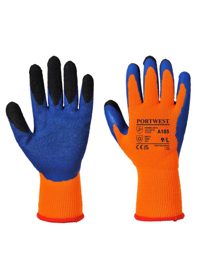 Cold 7 Latex Crinkle Finger Dipped Glove, L, R, Orange/Blue
