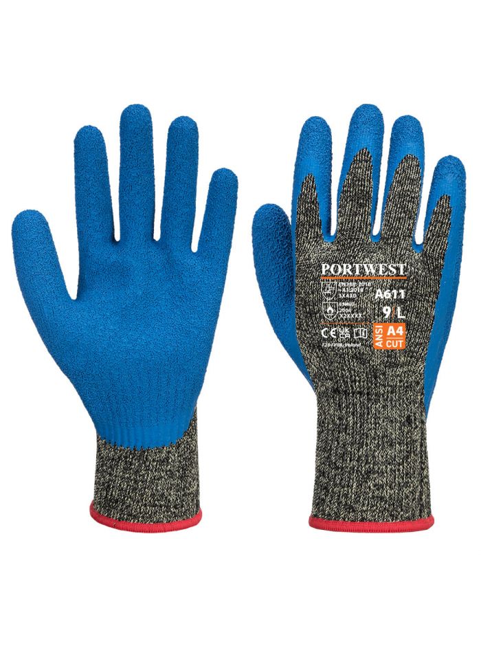 Cut D10 Latex Aramid Glove, L, R, Black/Blue